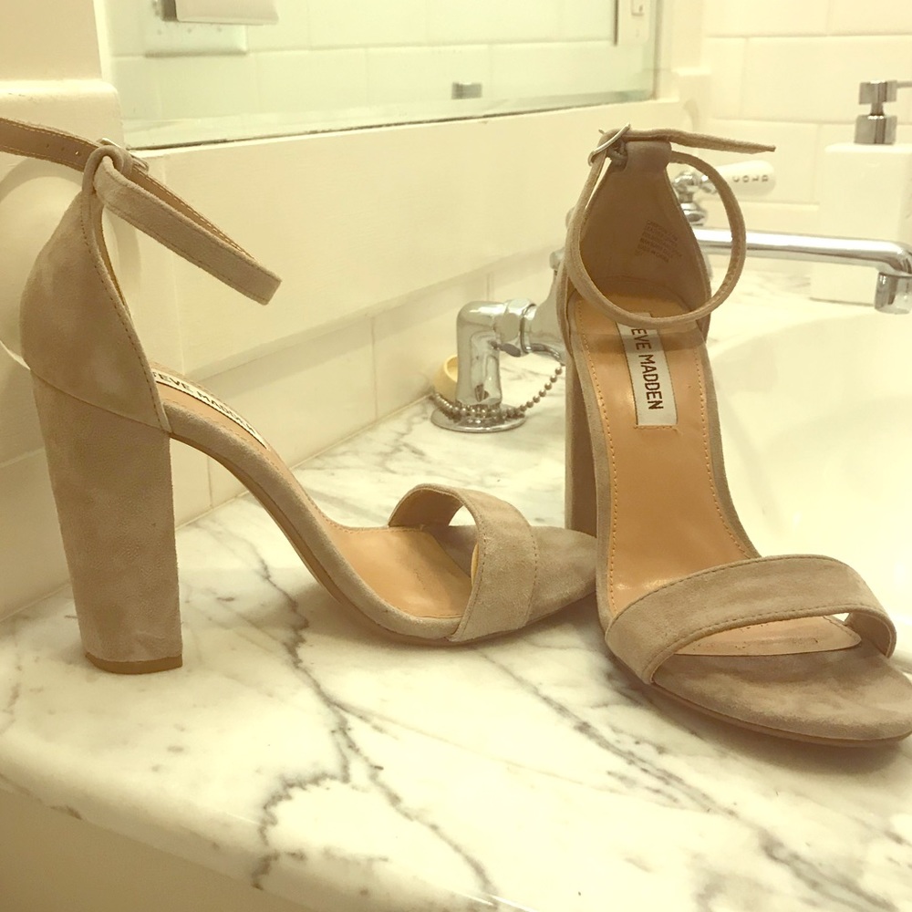 Strappy block heel nude suede sandals